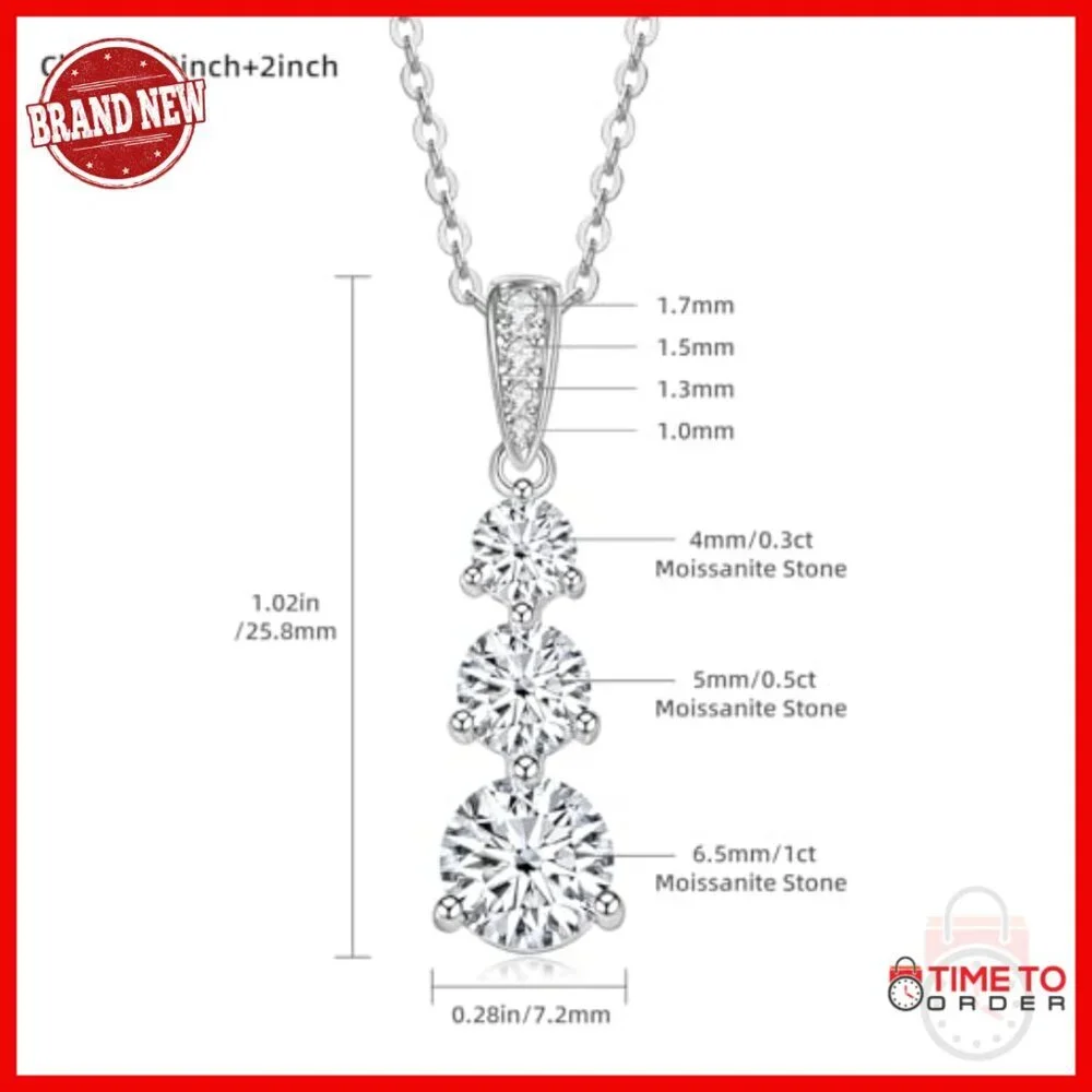 Sterling Silver Moissanite 3 Stone Pendant Necklace 18-20 Inch
